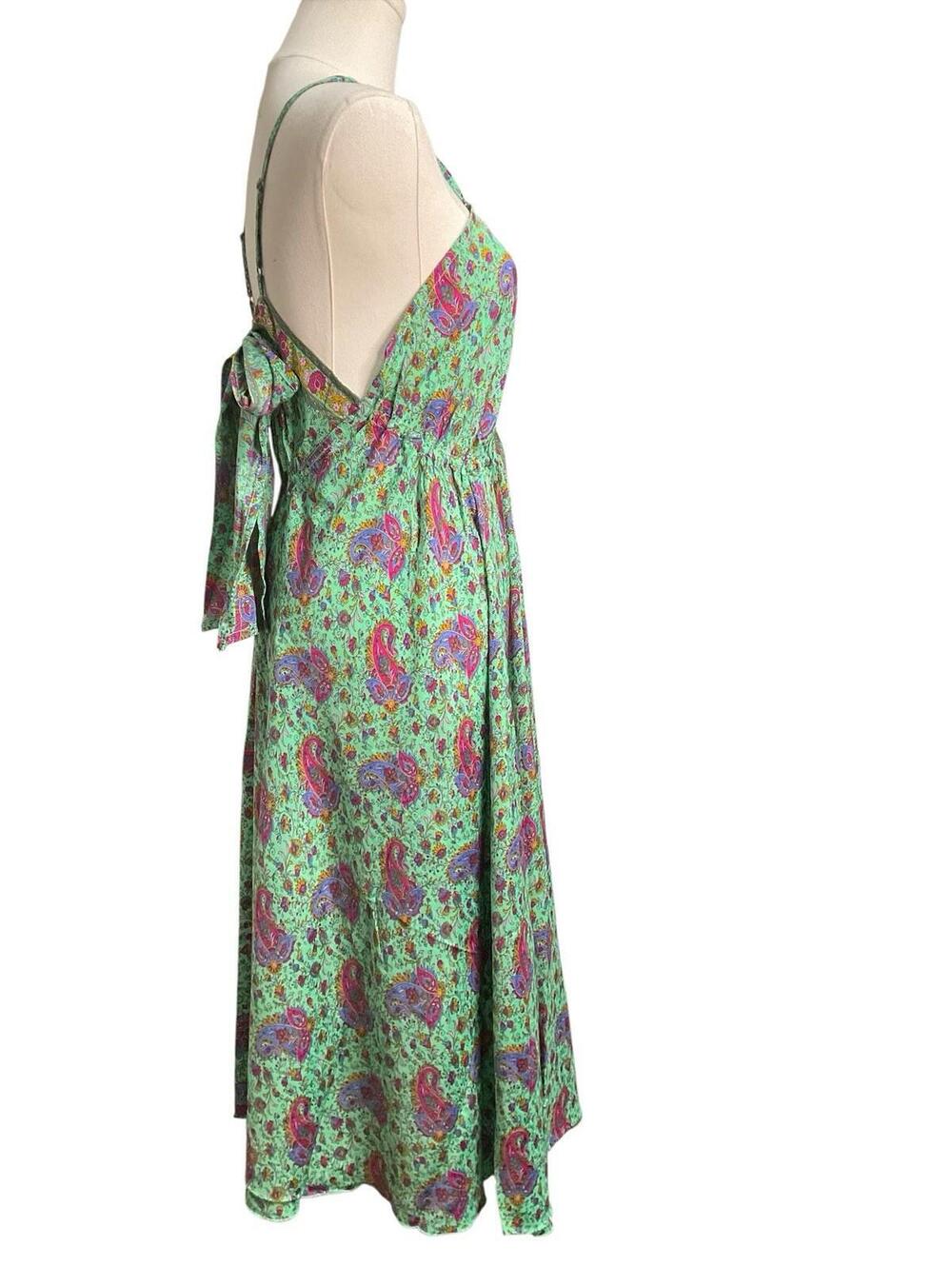 Rhea Backless Halter Dress S Paisley Green Pink Floral Tie Back Midi NWT A27 - Picture 4 of 8